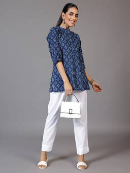 Libas - Indigo Cotton Geometric Printed A-Line Kurti