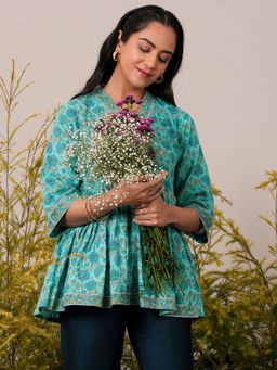 Libas - Blue Cotton Floral Printed Aline Tunic