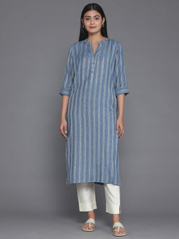 Libas - Blue Woven Design Striped Viscose Rayon Kurta With Pocket