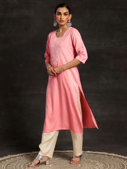 Libas - Pink Yoke Design Viscose Rayon Kurta With Pocket
