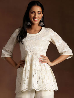 Libas - Off White Pure Cotton Embroidered A-Line Tunic