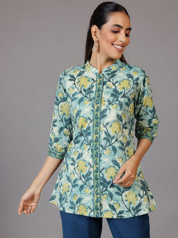 Libas - Women Floral Printed Green Tunic With A Mandarina Collar