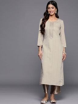 Libas - Grey Viscose (Dobby) Self Design With Zari Work Straight Kurta