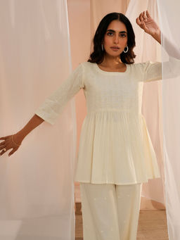 Libas - Off White Pure Cotton Embroidered A-Line Tunic