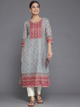 Libas - Grey Chanderi Silk Hand Work Yoke Design Kurta With Lining