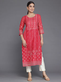 Libas - Women Coral Chanderi Silk Kurta With Lining And Yoke With Embellished Design