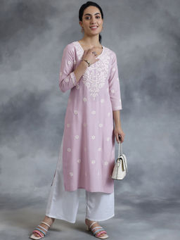Libas - Mauve Embroidered Straight Kurta With Round Neck
