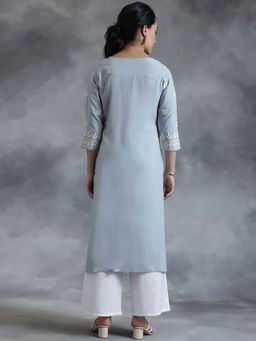 Libas - Stone Blue Embroidered Straight Kurta With Round Neck