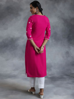Libas - Pink Embroidered Straight Kurta With Round Neck