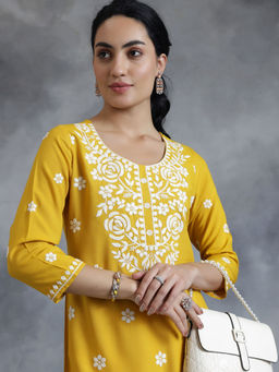 Libas - Mustard Embroidered Straight Kurta With Round Neck