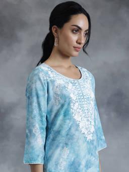 Libas - Blue Embroidered Kurta With Striped Thread Work