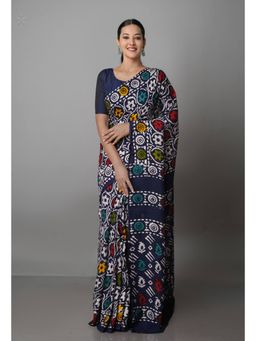 Unnati Silks - Navy Blue Pure Batik Kota Cotton Saree with Unstitched Blouse