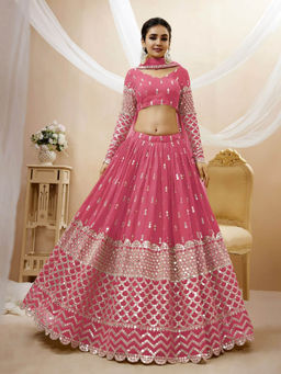 Odette - Pink Embroidered Semi Stitched Lehenga with Unstitched Blouse and Dupatta (Set of 3)