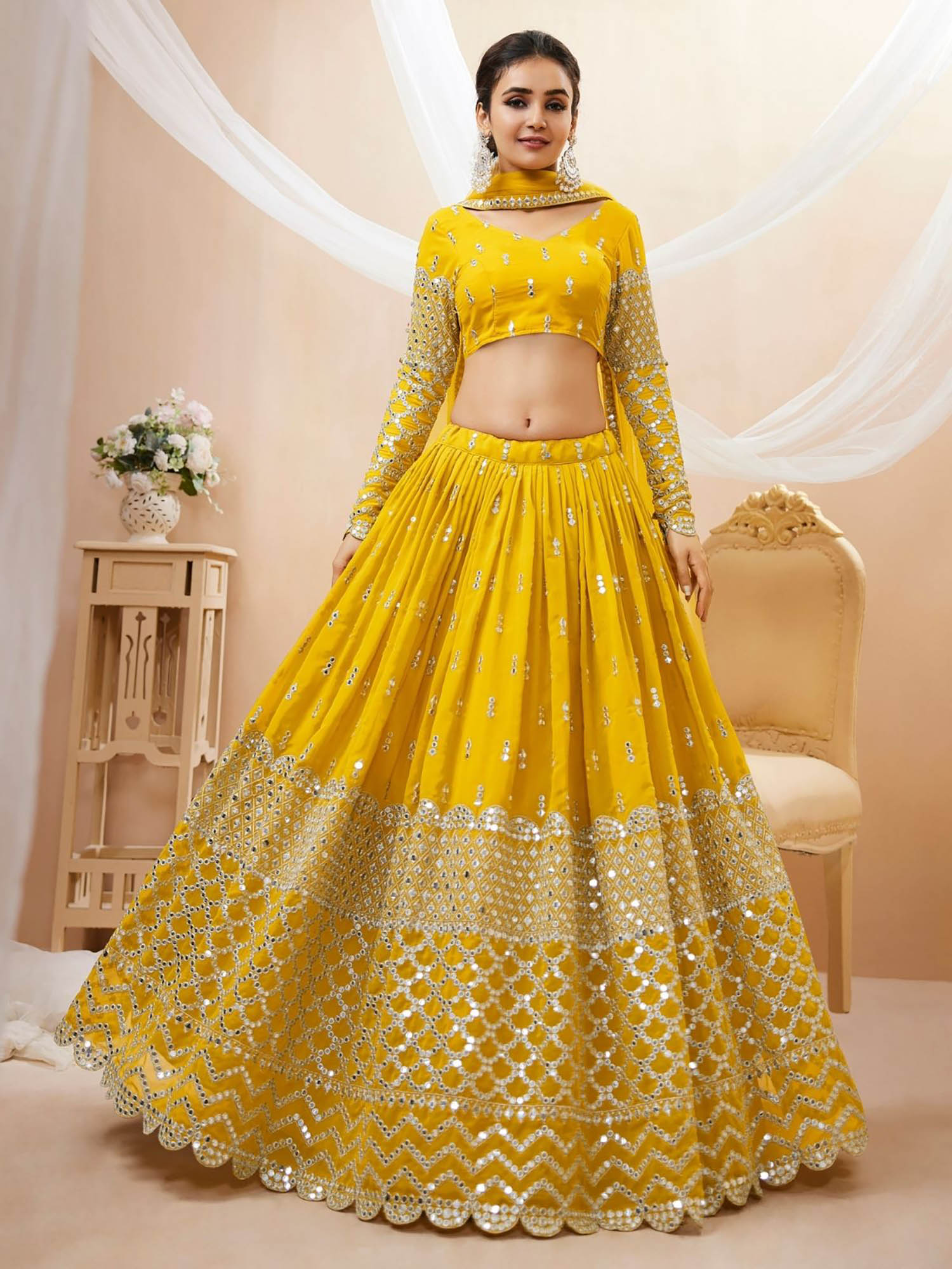 odette Yellow Embroidered Semi Stitched Lehenga with Unstitched Blouse and Dupatta (Set of 3)-picture-1