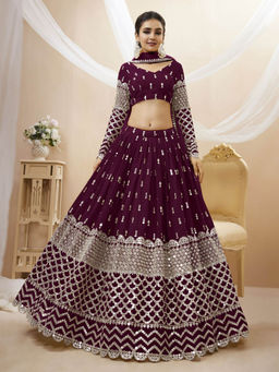 Odette - Wine Embroidered Semi Stitched Lehenga with Unstitched Blouse and Dupatta (Set of 3)