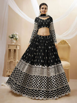 Odette - Black Embroidered Semi Stitched Lehenga with Unstitched Blouse and Dupatta (Set of 3)