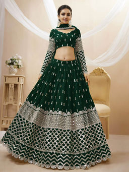 Odette - Green Embroidered Semi Stitched Lehenga with Unstitched Blouse and Dupatta (Set of 3)