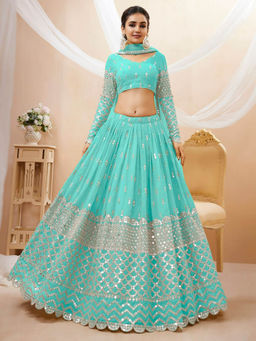 Odette - Light Blue Embroidered Semi Stitched Lehenga with Unstitched Blouse and Dupatta (Set of 3)