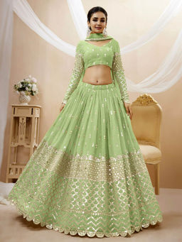 Odette - Green Embroidered Semi Stitched Lehenga with Unstitched Blouse and Dupatta (Set of 3)