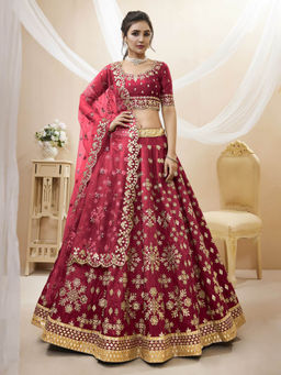 Odette - Red Art Silk Embroidered Semi Stitched Lehenga with Unstitched Blouse and Dupatta (Set of 3)