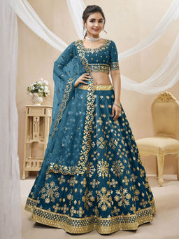 Odette - Blue Art Silk Embroidered Semi Stitched Lehenga with Unstitched Blouse and Dupatta (Set of 3)