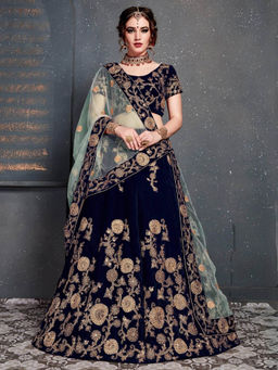 Odette - Navy Blue Velvet Embroidered Semi Stitched Lehenga with Blouse and Dupatta (Set of 3)