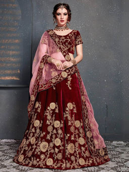 Odette - Maroon Velvet Embroidered Semi Stitched Lehenga with Blouse and Dupatta (Set of 3)