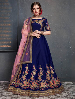 Odette - Dark Blue Satin Silk Embroidered Semi Stitched Lehenga with Blouse and Dupatta (Set of 3)