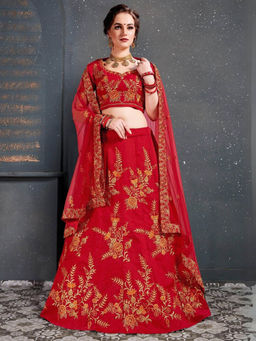 Odette - Red Silk Blend Embroidered Semi Stitched Lehenga with Blouse and Dupatta (Set of 3)
