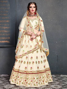 Odette - Cream Silk Blend Embroidered Semi Stitched Lehenga with Blouse and Dupatta (Set of 3)