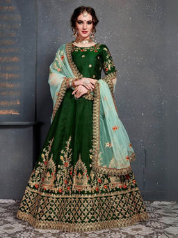 Odette - Green Satin Silk Embroidered Semi Stitched Lehenga with Blouse and Dupatta (Set of 3)
