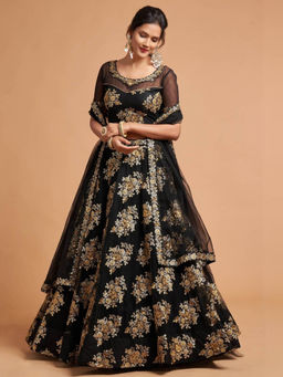 Odette - Black and Gold Soft Net Embroidered Semi Stitched Lehenga with Blouse and Dupatta (Set of 3)