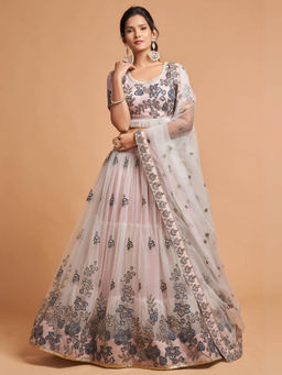 Odette - Grey Soft Net Embroidered Semi Stitched Lehenga with Blouse and Dupatta (Set of 3)