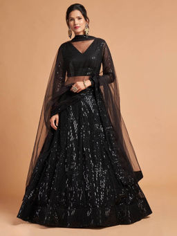 Odette - Black Soft Net Embroidered Semi Stitched Lehenga with Blouse and Dupatta (Set of 3)