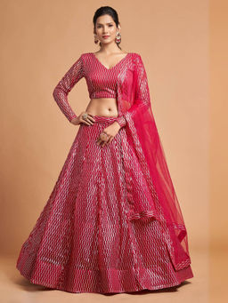 Odette - Pink Soft Net Embroidered Semi Stitched Lehenga with Blouse and Dupatta (Set of 3)