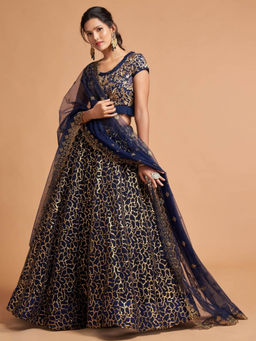 Odette - Navy Blue Soft Net Embroidered Semi Stitched Lehenga with Blouse and Dupatta (Set of 3)
