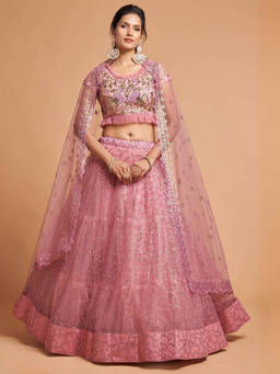 Odette - Pink Soft Net Embroidered Semi Stitched Lehenga with Blouse and Dupatta (Set of 3)