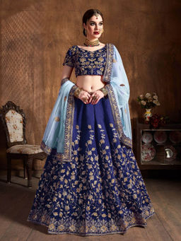 Odette - Blue Silk Blend Embroidered Semi Stitched Lehenga with Blouse and Dupatta (Set of 3)