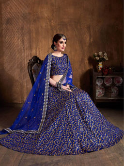 Odette - Blue Silk Blend Embroidered Semi Stitched Lehenga with Blouse and Dupatta (Set of 3)