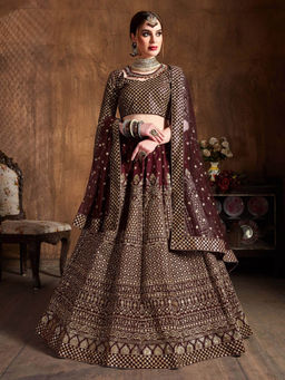 Odette - Maroon and Gold Embroidered Semi Stitched Lehenga with Blouse and Dupatta (Set of 3)