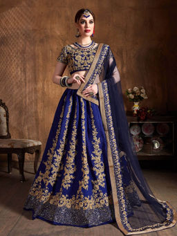 Odette - Navy Blue and Gold Silk Blend Semi Stitched Lehenga with Blouse and Dupatta (Set of 3)