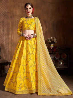 Odette - Yellow Silk Blend Embroidered Semi Stitched Lehenga with Blouse and Dupatta (Set of 3)