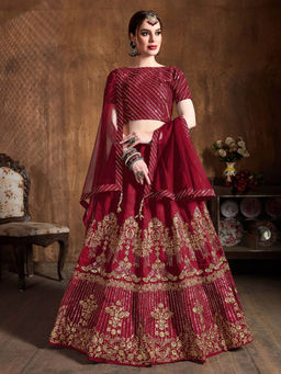Odette - Maroon Art Silk Embroidered Semi Stitched Lehenga with Blouse and Dupatta (Set of 3)