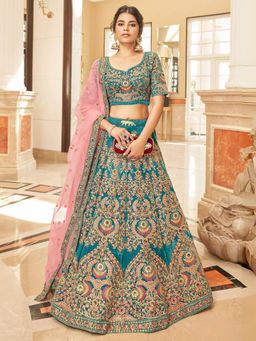 Odette - Teal Velvet Embroidered Semi Stitched Lehenga with Blouse and Dupatta (Set of 3)