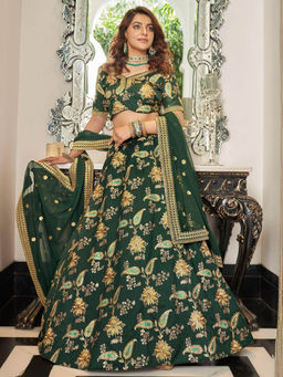 Odette - Green and Gold Art Silk Embroidered Semi Stitched Lehenga with Blouse and Dupatta (Set of 3)