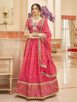 Odette - Pink Art Silk Embroidered Semi Stitched Lehenga with Blouse and Dupatta (Set of 3)