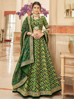 Odette - Green Art Silk Embroidered Semi Stitched Lehenga with Blouse and Dupatta (Set of 3)