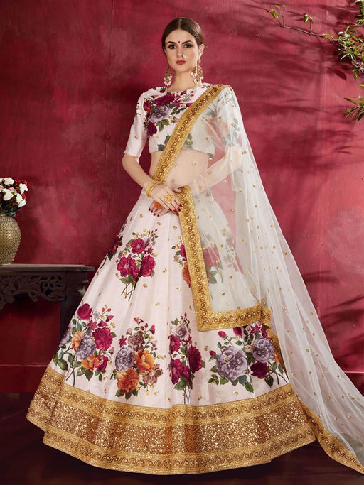 Odette Off White Silk Blend Printed Semi Stitched Lehenga with Blouse and Dupatta (Set of 3)
