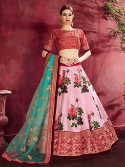 Odette - Pink Silk Blend Printed Semi Stitched Lehenga with Blouse and Dupatta (Set of 3)