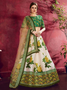 Odette - Green Silk Blend Printed Semi Stitched Lehenga with Blouse and Dupatta (Set of 3)